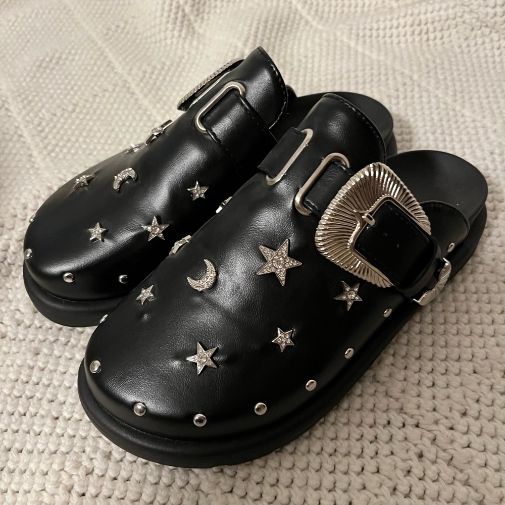 Black Faux Leather Starry Slip-On Shoes